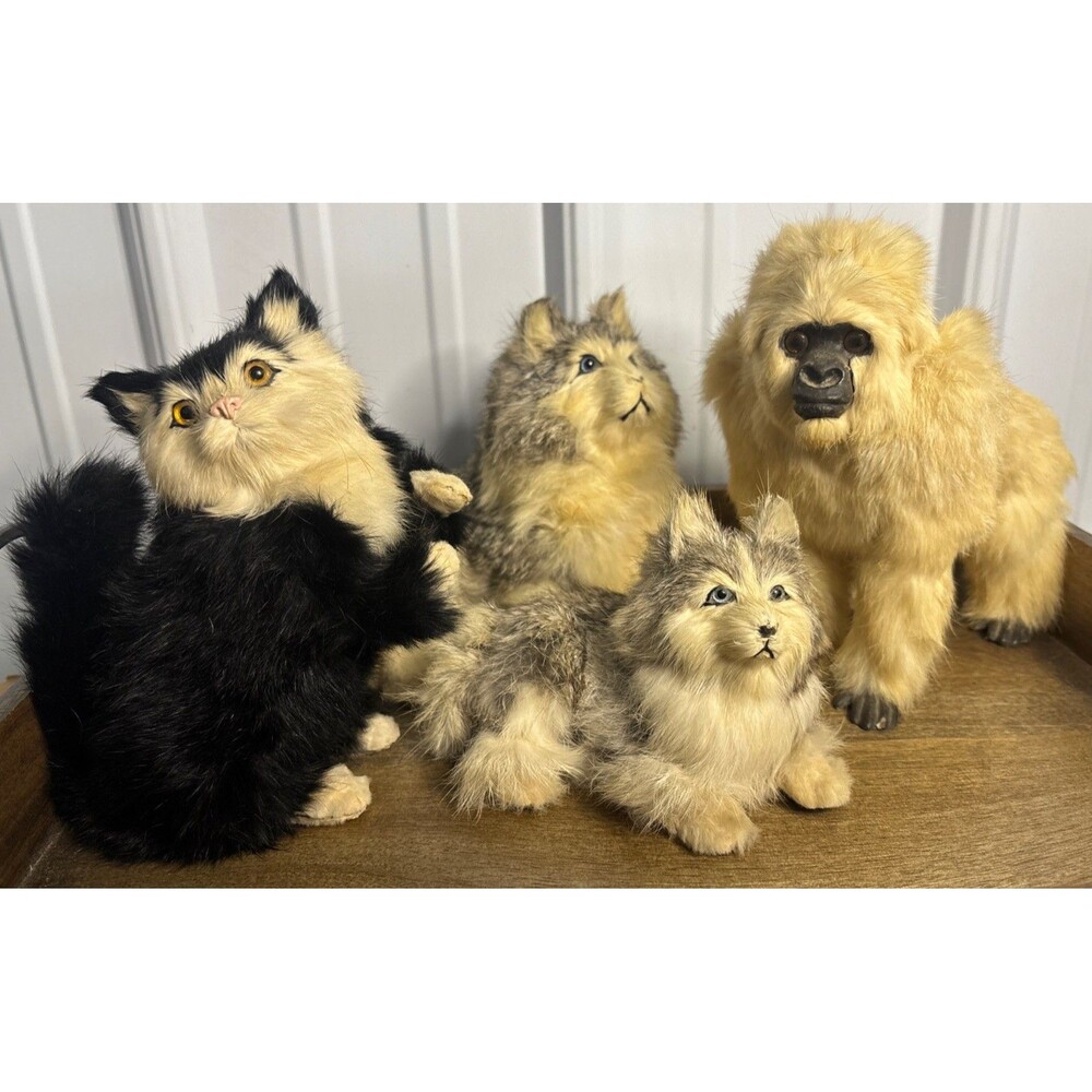 Vintage Lot of 4 Rabbit Fur Animal Figures,-Cat, 2 Huskies, Gorilla As Is